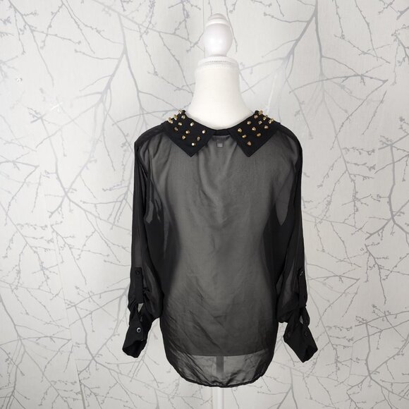 Stella Tweed Black Gold Studded Collar Button Front Sheer Blouse - Picture 5 of 7